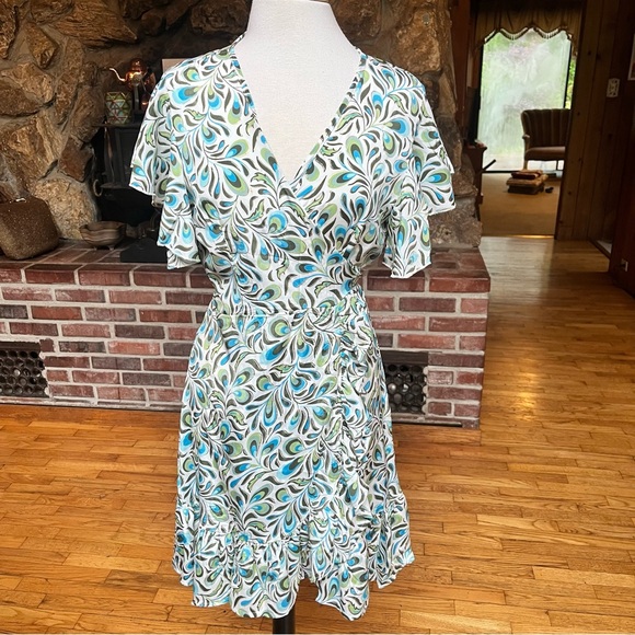 Lara Ethnics Patterned Wrap Dress in Blue and Green - Picture 1 of 11